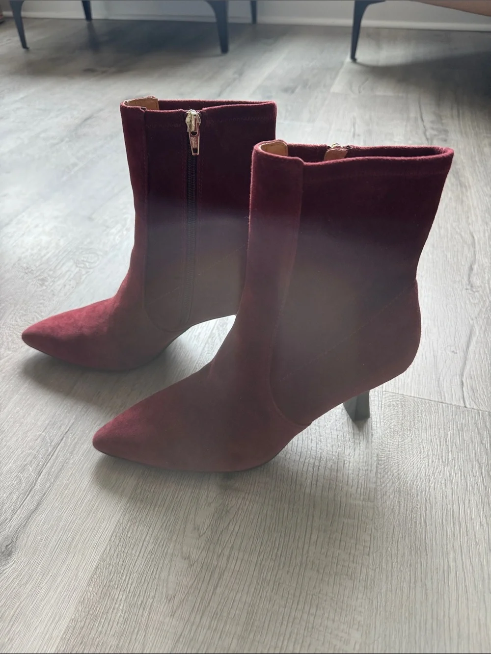 Madewell Pointed-Toe Burgundy Suede Ankle Booties with Side Zip